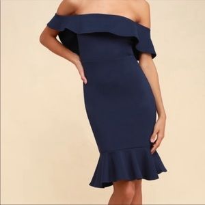 Lulus Confidence Boost Off Shoulder Bodycon Midi Dress | Size XS | Navy Blue